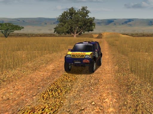 Front view of a Nissan rally vehicle on a dirt track through grassland beside a tree